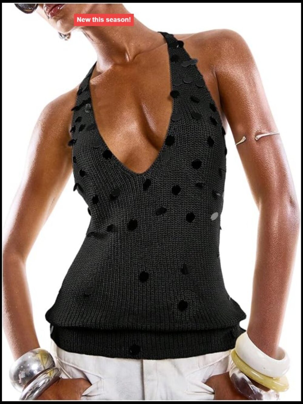 Sequin Sparkly Halter Top Beaded Backless Crochet Going Out Sleeveless Tank